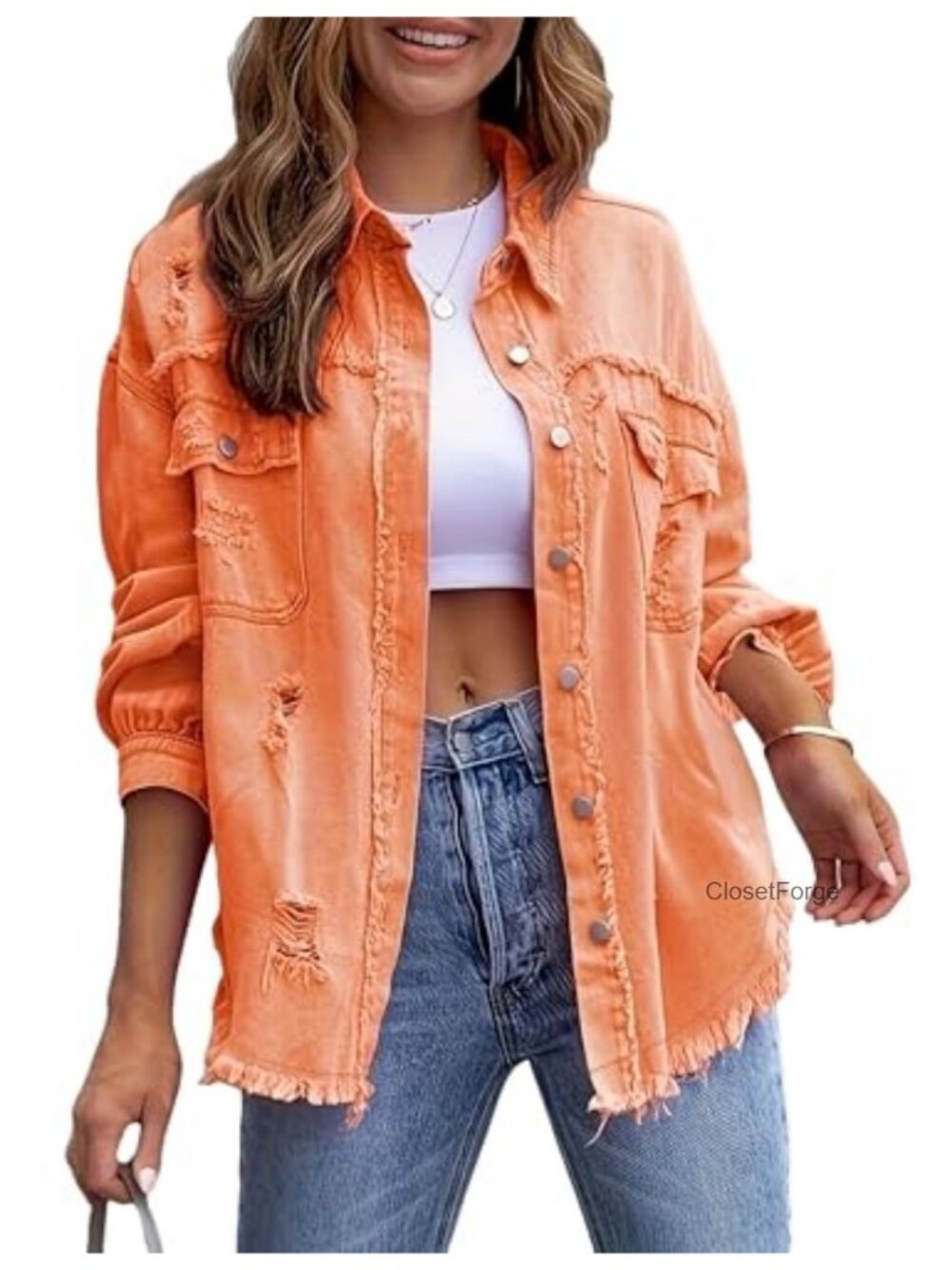 Ripped Distressed Denim Jacket Oversized Long Sleeve Button Down Casual Coat